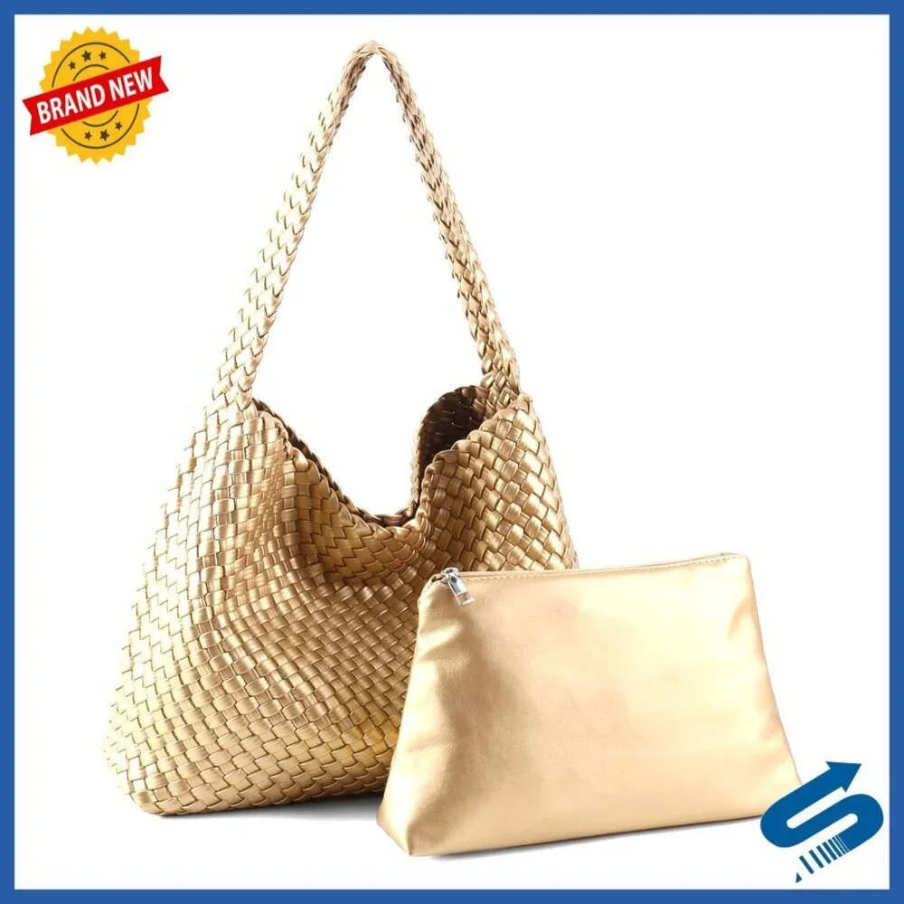 Vegan Leather Woven Tote Bag Large Shoulder Handbag Elegant Minimal Chic